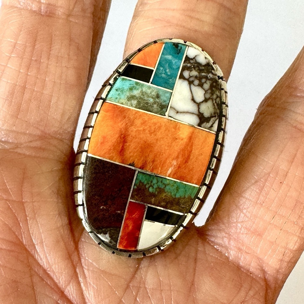 BIG Turquoise Multi Stone Inlay Mens Ring Sz 13 Navajo Sterling Signed Jack 34mm